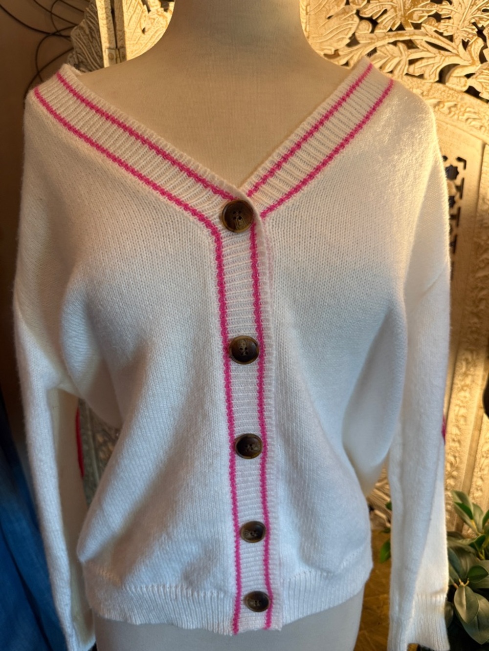 White V-Neck Button Cardigan Sweater with Pink Trim